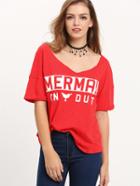 Shein Red Short Sleeve Letters Print T-shirt