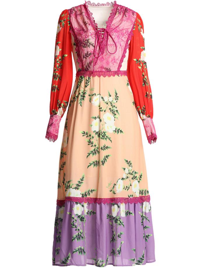 Shein Tie Neck Contrast Lace Print Dress