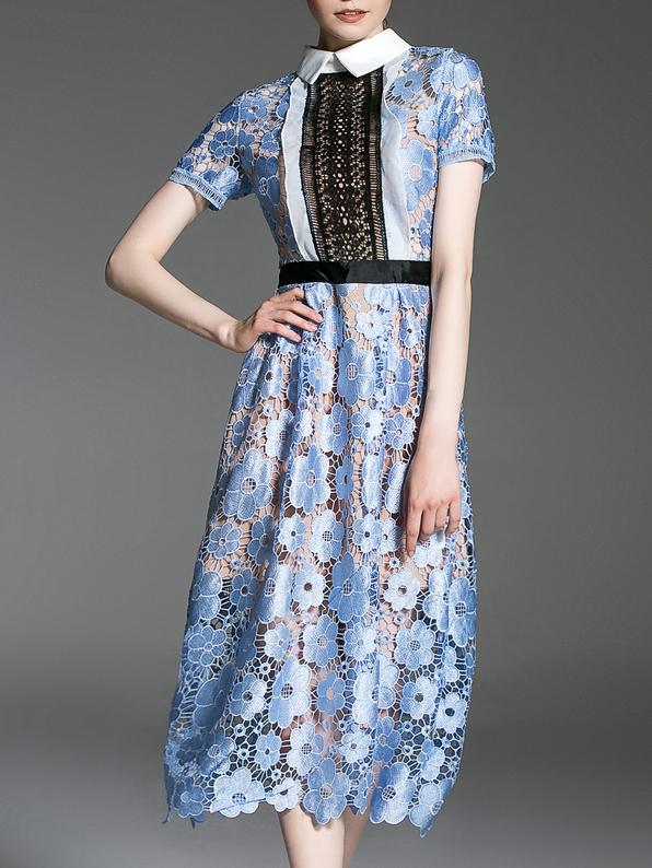 Shein Blue Lapel Crochet Hollow Out Dress