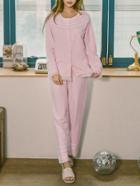 Shein Contrast Striped  Lace Trim Shirt & Pants Pj Set
