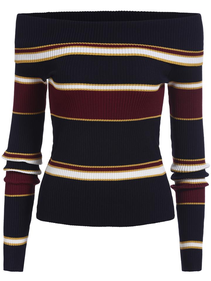Shein Multicolor Boat Neck Striped Slim Knit Sweater