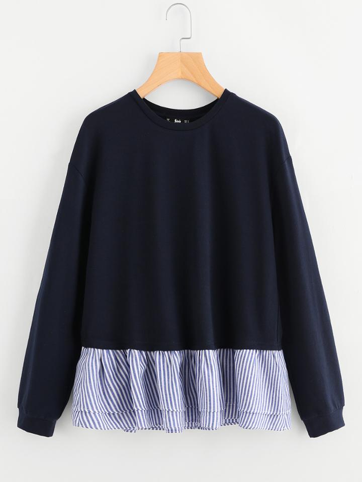 Shein Contrast Layered Striped Hem Tee