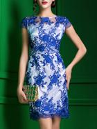 Shein Blue Cap Sleeve Gauze Embroidered Sheath Dress