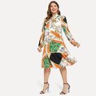 Shein Plus Mixed Print Tie Neck Flounce Hem Dress