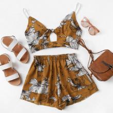 Shein Knot Cut Out Front Floral Top With Shorts