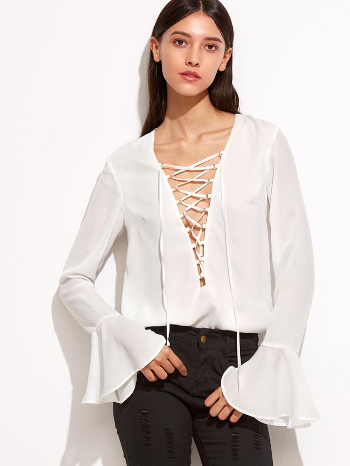 Shein White Lace Up Plunge Neck Ruffle Sleeve Blouse