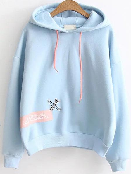 Shein Blue Letter Print Patch Hooded Sweatshirt