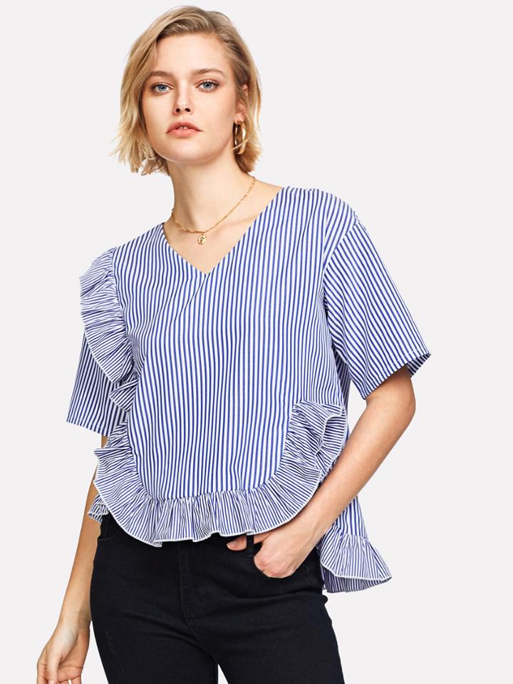 Shein Ruffle Detail Asymmetric Striped Top