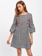 Shein Fluted Sleeve Blossom Embroidered Gingham Dress