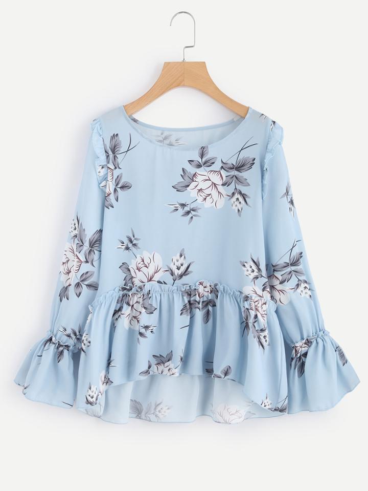 Shein Flower Print Trumpet Sleeve Frilled Smock Top