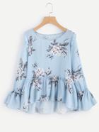 Shein Flower Print Trumpet Sleeve Frilled Smock Top
