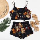 Shein Knot Front Floral Print Cami With Shorts