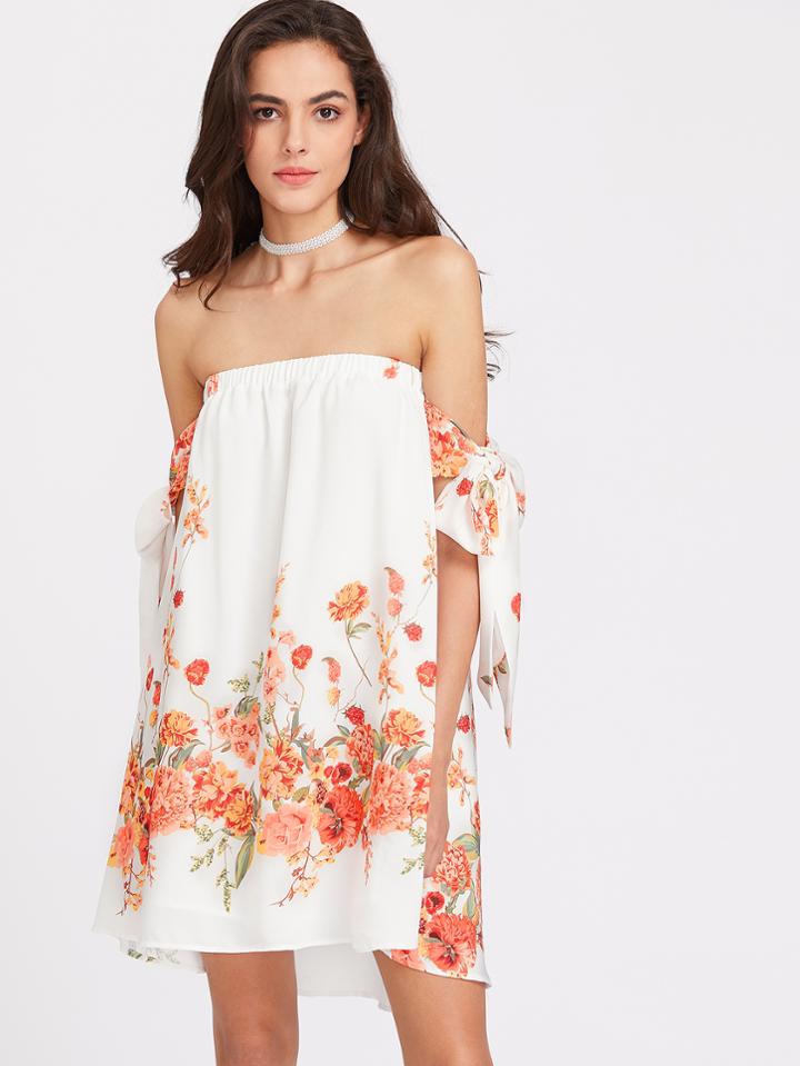 Shein Sash Tie Sleeve High Low Swing Botanical Dress