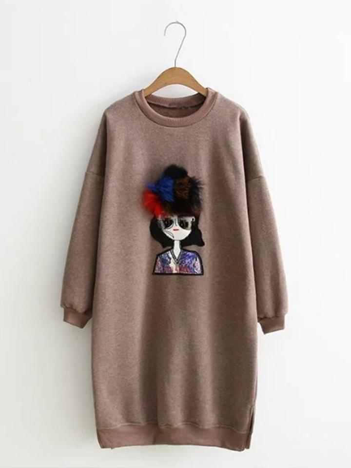 Shein Faux Fur Detail Girl Embroidered Sweatshirt Dress