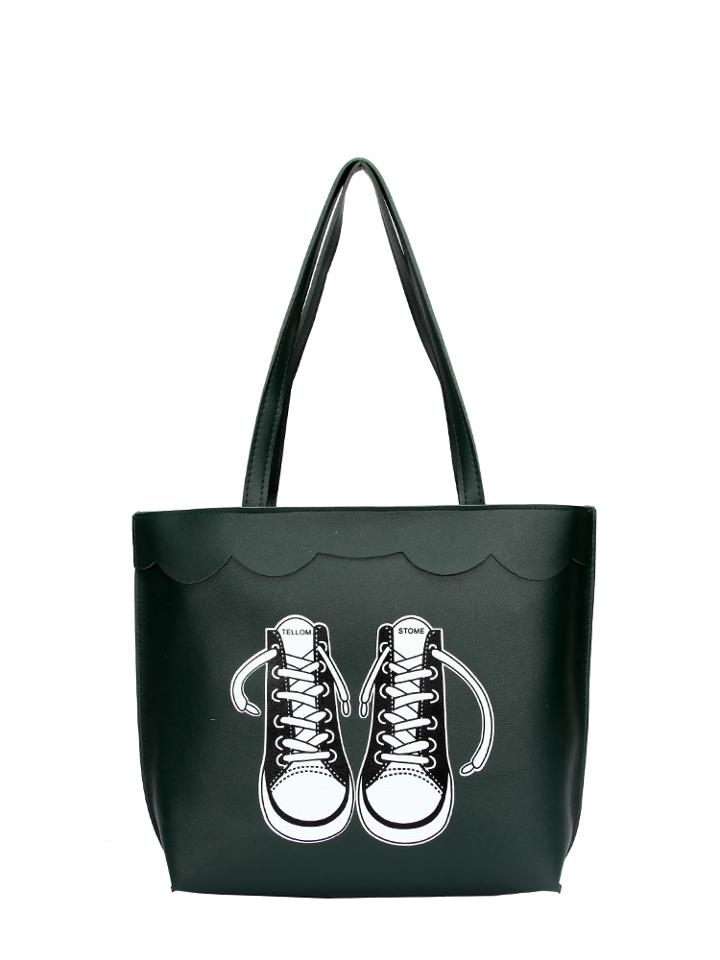 Shein Shoes Print Scallop Detail Pu Tote Bag