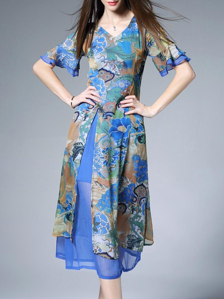 Shein Blue V Neck Bell Sleeve Print Dress