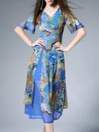 Shein Blue V Neck Bell Sleeve Print Dress