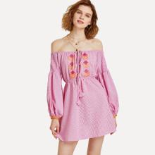 Shein Knot Front Bishop Sleeve Embroidered Bardot Dress