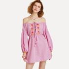Shein Knot Front Bishop Sleeve Embroidered Bardot Dress