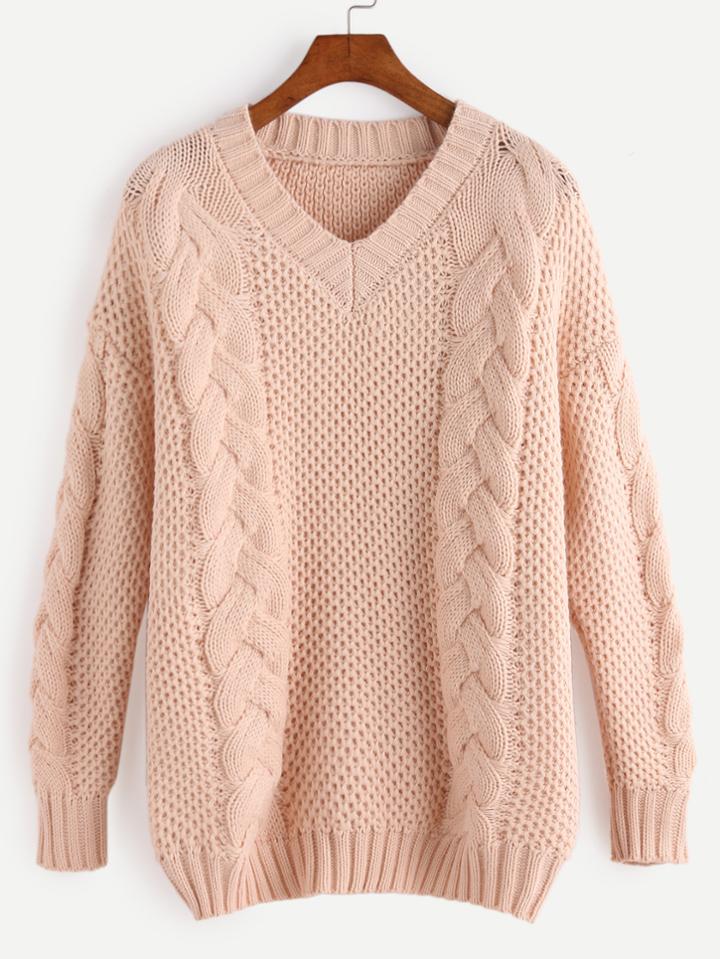 Shein Apricot V Neck Cable Knit Sweater