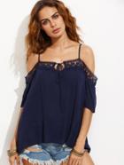 Shein Navy Cold Shoulder Contrast Crochet Lace Up Top