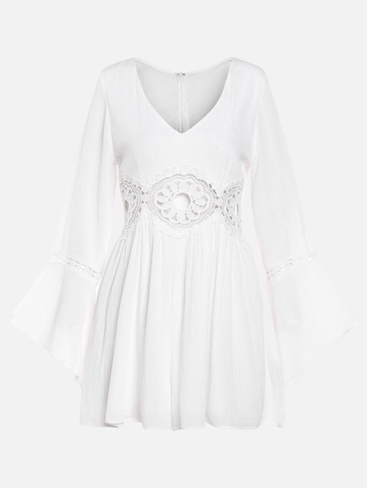 Shein White Crochet Hollow Out Zipper Bell Sleeve Dress