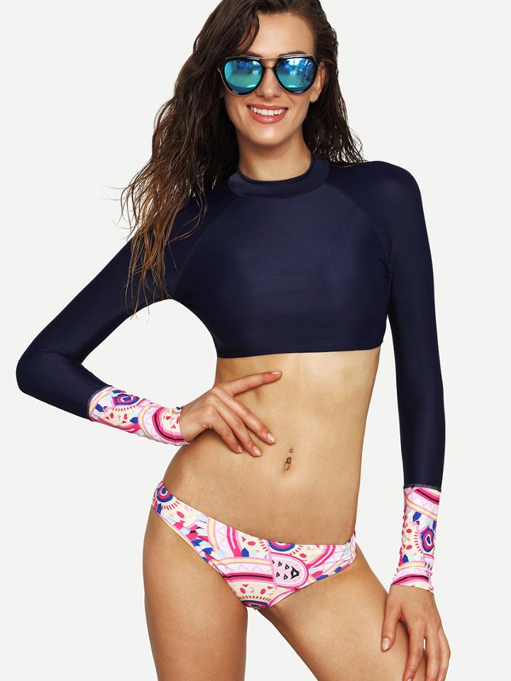 Shein Multicolor Printed Mix & Match Crop Rash Guard Swimwear