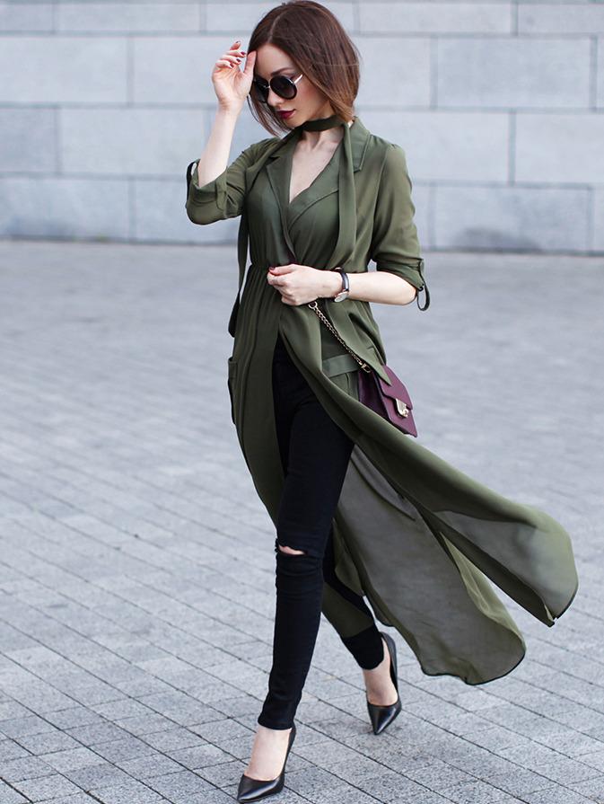 Shein Green Deep V Neck Self-tie Pockets Chiffon Blouse