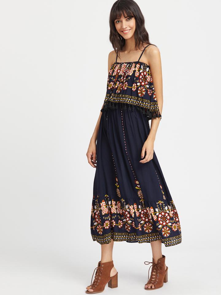 Shein Cami Straps Floral Dress With Fringe Detail