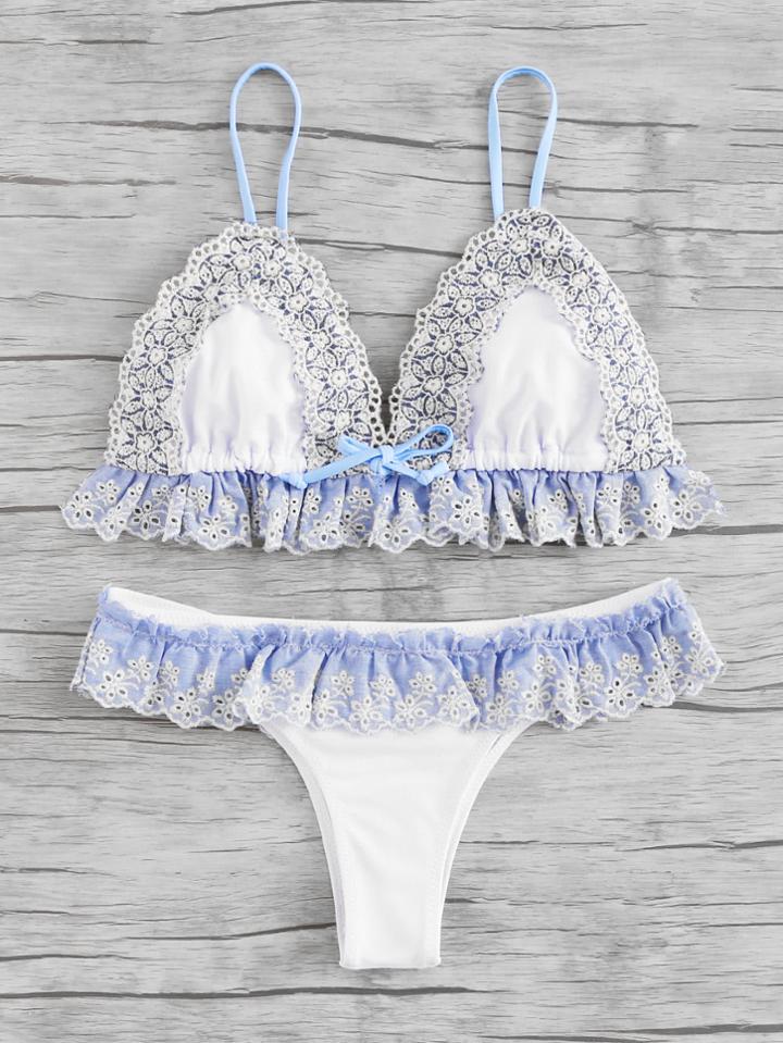Shein Lace Crochet Trim Ruffle Detail Bikini Set