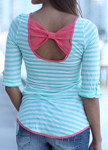Rosewe Bowknot Decorated Strip Print T Shirt
