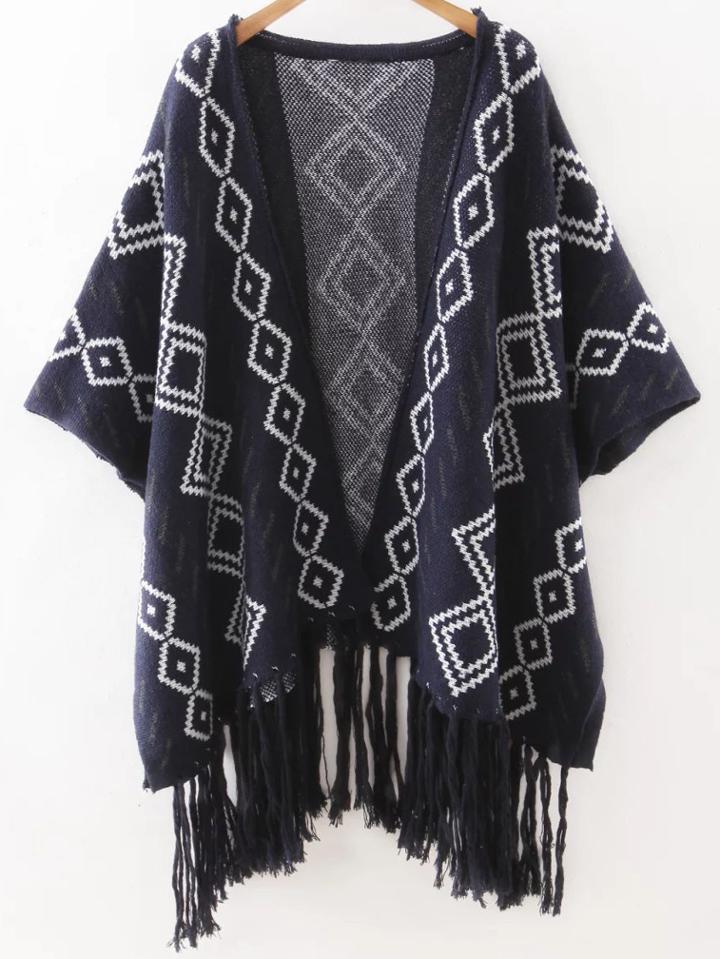 Shein Navy Geometric Print Tassel Hemline Poncho Sweater