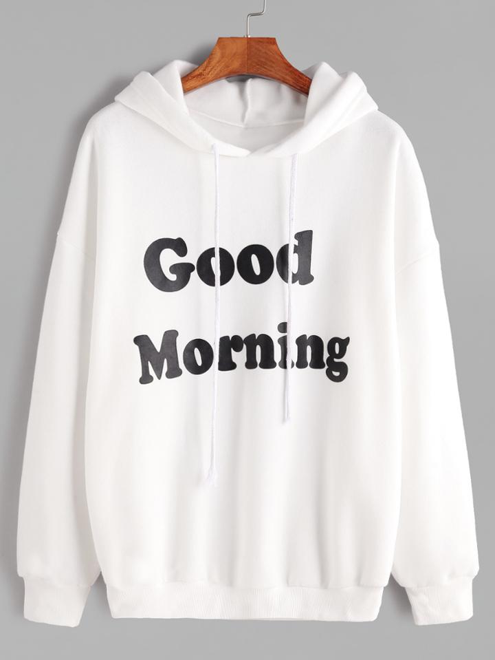 Shein White Hooded Drop Shoulder Letter Print Sweatshirt