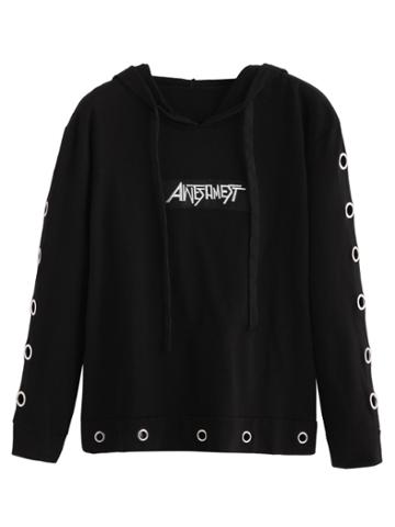 Shein Black Numbers Patch Eyelet Hooded Sweatshirt