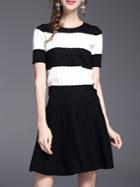 Shein Black Contrast White Top With Pleated Skirt
