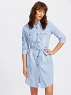 Shein Rolled Up Sleeve Tie Waist Denim Shirt Dress