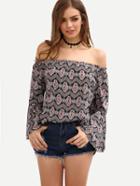 Shein Off-the-shoulder Tribal Print Blouse - Black