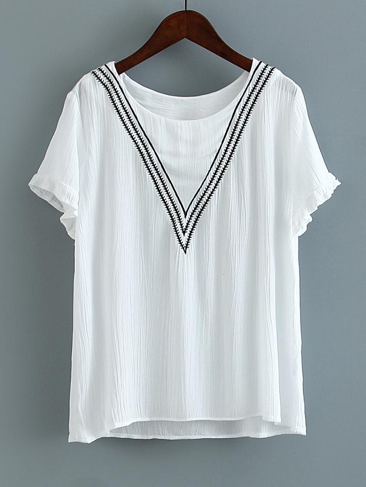 Shein White V Stripe Ruffle Cuff Blouse