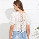 Shein Eyelet Embroidered Lace Up Back Top