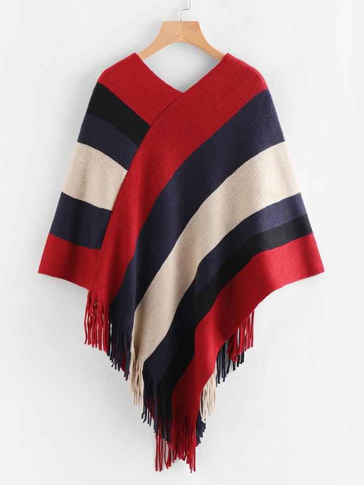 Shein Wide Striped Fringe Trim Cloak Top