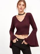 Shein Burgundy V Neck Bell Sleeve T-shirt