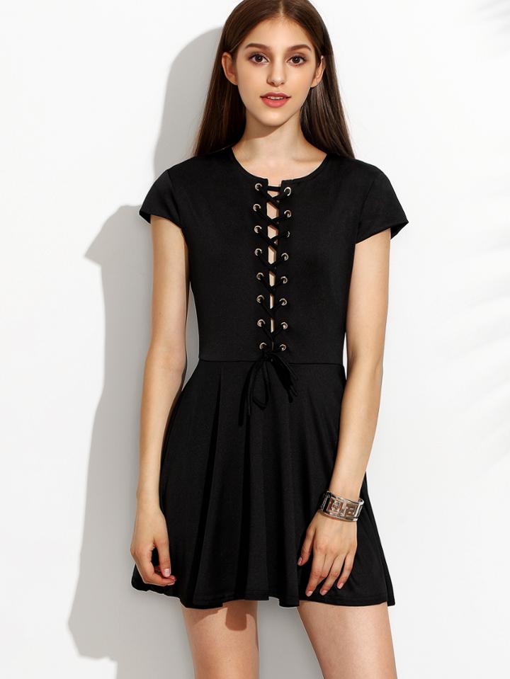 Shein Black Eyelet Lace Up Dress