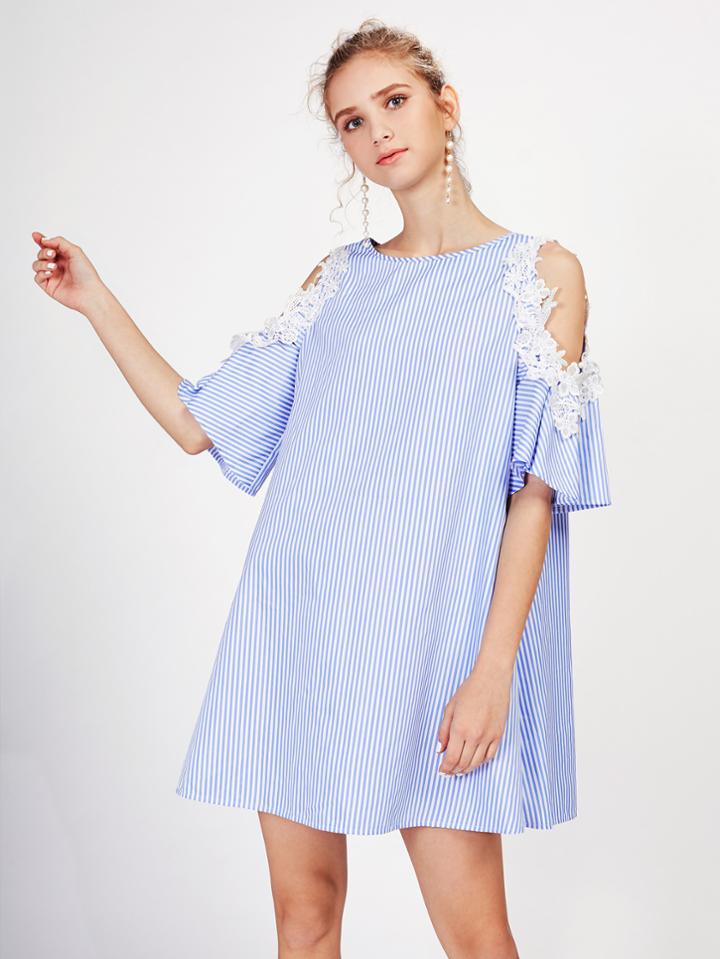 Shein Lace Applique Open Shoulder Bell Sleeve Dress
