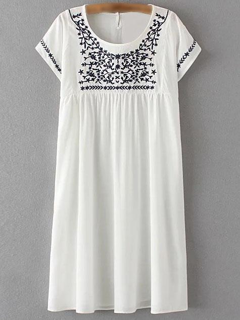 Shein White Keyhole Back Embroidery Short Sleeve Dress
