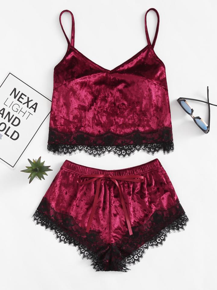 Shein Eyelash Lace Hem Cami Top & Shorts Pajama Set