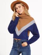 Shein Color Block Turtleneck Drop Shoulder Crop Fuzzy Sweater