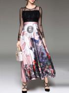 Shein Black Sheer Contrast Lace Print Dress