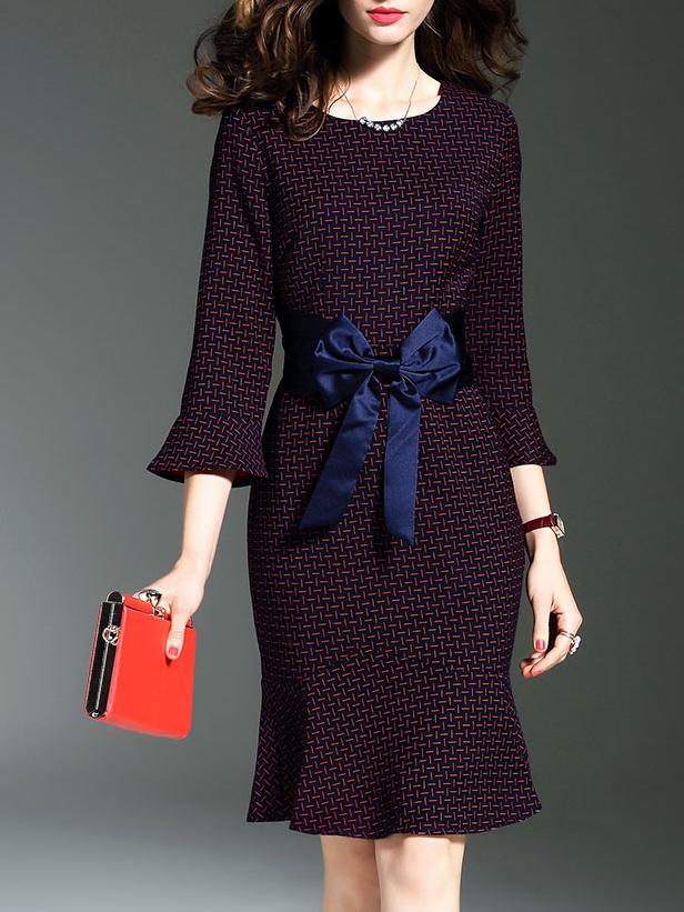 Shein Navy Crew Neck Bowknot Frill Dress
