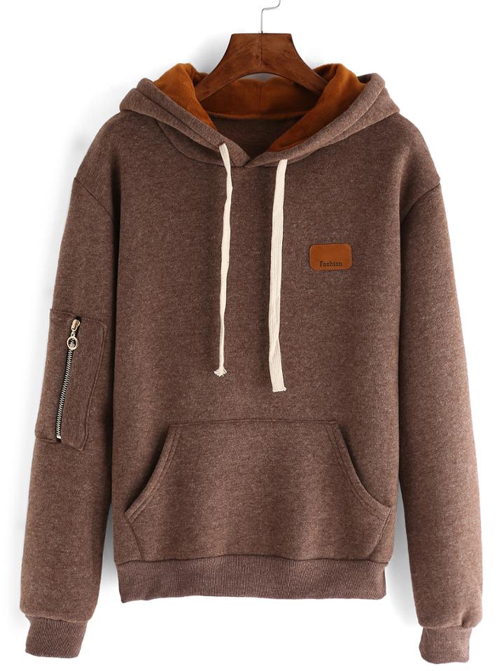 Shein Brown Drawstring Hooded Pockets Sweatshirt