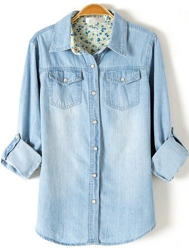 Shein Light Blue Lapel Long Sleeve Boyfriend Trends Jean Swish Bleached Denim Blouse
